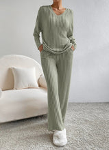 Load image into Gallery viewer, Fashion Solid Striped Suit V-neck Long-sleeved Top And Casual Straight Pants Loose Temperament Women's Clothing