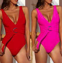 Load image into Gallery viewer, Neon Pink One Piece Swimsuit Belt Big Ring Swimwear Women V Neck Bathing