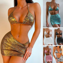 Load image into Gallery viewer, Women's 3 Piece Bathing Suits Halter Snake Pattern Bikini Set With Cover Up Skirt Summer Swimsuit