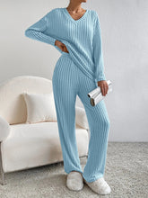 Load image into Gallery viewer, Fashion Solid Striped Suit V-neck Long-sleeved Top And Casual Straight Pants Loose Temperament Women's Clothing