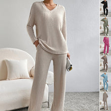 Load image into Gallery viewer, Fashion Solid Striped Suit V-neck Long-sleeved Top And Casual Straight Pants Loose Temperament Women's Clothing