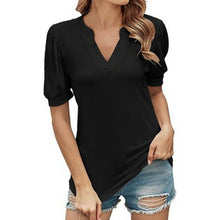 Load image into Gallery viewer, Casual V-neck Solid Color Puff Sleeve Loose T-shirt For Women
