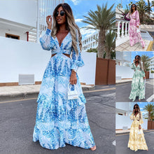 Load image into Gallery viewer, Elegant Women's Hollow Floor V-neck Long-sleeved Plant Dress Long Dresses Spring Summer Print V-neck Long Sleeve Dress