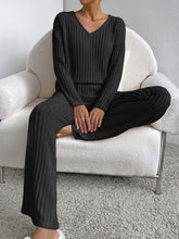 Load image into Gallery viewer, Fashion Solid Striped Suit V-neck Long-sleeved Top And Casual Straight Pants Loose Temperament Women's Clothing