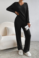 Load image into Gallery viewer, Fashion Solid Striped Suit V-neck Long-sleeved Top And Casual Straight Pants Loose Temperament Women's Clothing