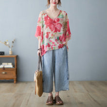 Load image into Gallery viewer, Retro Large Flower Loose Plus Size Fat Short Sleeve T-shirt