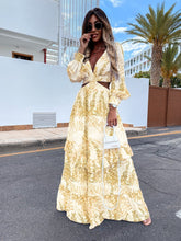 Load image into Gallery viewer, Elegant Women's Hollow Floor V-neck Long-sleeved Plant Dress Long Dresses Spring Summer Print V-neck Long Sleeve Dress