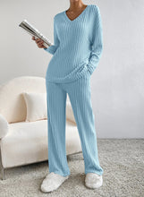 Load image into Gallery viewer, Fashion Solid Striped Suit V-neck Long-sleeved Top And Casual Straight Pants Loose Temperament Women's Clothing
