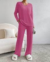Load image into Gallery viewer, Fashion Solid Striped Suit V-neck Long-sleeved Top And Casual Straight Pants Loose Temperament Women's Clothing