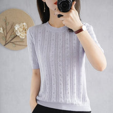 Load image into Gallery viewer, 100%  cotton short-sleeved women's T-shirt short section loose hollow knitted cotton sweater summer new O-neck pullover sweater