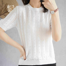 Load image into Gallery viewer, 100%  cotton short-sleeved women's T-shirt short section loose hollow knitted cotton sweater summer new O-neck pullover sweater