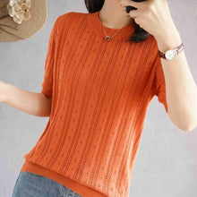 Load image into Gallery viewer, 100%  cotton short-sleeved women's T-shirt short section loose hollow knitted cotton sweater summer new O-neck pullover sweater