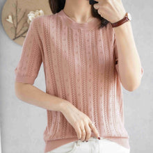 Load image into Gallery viewer, 100%  cotton short-sleeved women's T-shirt short section loose hollow knitted cotton sweater summer new O-neck pullover sweater
