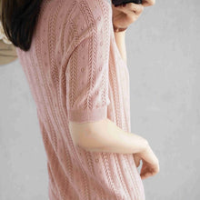 Load image into Gallery viewer, 100%  cotton short-sleeved women's T-shirt short section loose hollow knitted cotton sweater summer new O-neck pullover sweater