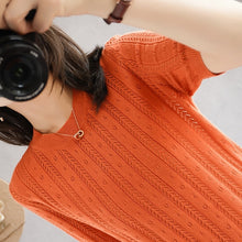 Load image into Gallery viewer, 100%  cotton short-sleeved women's T-shirt short section loose hollow knitted cotton sweater summer new O-neck pullover sweater