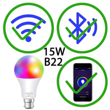 Load image into Gallery viewer, 15W WiFi Smart Bulb B22 E27 LED RGB Light Lamp Work Alexa Google Home With RGB+ Dimmable Remote Control Colore Light Magic Bulb