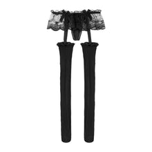 Load image into Gallery viewer, 1Pc Men Sheer Lace Hollow Out Pantyhose Sissy Skirted Garters Stockings Bulge Pouch G-String Glossy Leggings Underwear