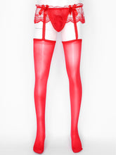 Load image into Gallery viewer, 1Pc Men Sheer Lace Hollow Out Pantyhose Sissy Skirted Garters Stockings Bulge Pouch G-String Glossy Leggings Underwear
