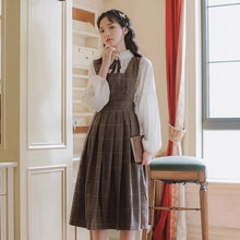 Load image into Gallery viewer, 2 Piece Set Women Outfits Ruffle Stand Collar Bow Brooch Sweet Shirt Top+Sleeveless Retro Pleated Fashion Dress OL Suit Lady