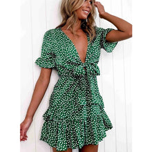 Load image into Gallery viewer, 2020 Fashion Women Polka Dot Boho Ruffle Mini Dress Knot V-Neck Party Summer Beach Holiday Dresses Women Vestidos