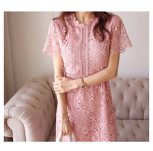 Load image into Gallery viewer, 2020 summer new Korean ladies temperament Pink lace round neck waist slimming long air lace dress Knee-Length Short sleeve