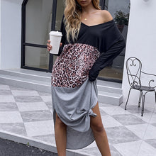 Load image into Gallery viewer, 2021 Autumn Leopard Midi Dress Fashion Women's Printed Sundress Splicing Patchwork V Neck Long Sleeve Patchwork Femme Vestidos