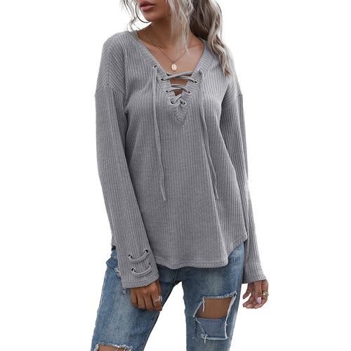 2021 Autumn Spring Tees for Women Fashion Lace Up Design Ribbed Sexy Deep V Neck Dropped Shoulder Casual T-shirt Tops  Mujer