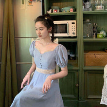 Load image into Gallery viewer, 2021 Autumn Square Collar Retro French Dress Summer Embroidery Stitching Puff Sleeve Palace Style Cream Blue Princess Dress
