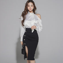Load image into Gallery viewer, 2021 Autumn Women Sets Korean Style Bow Long Sleeve White Shirt +High Waist Bodycon Pencil Skirt Office OL Suits