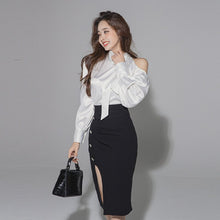 Load image into Gallery viewer, 2021 Autumn Women Sets Korean Style Bow Long Sleeve White Shirt +High Waist Bodycon Pencil Skirt Office OL Suits