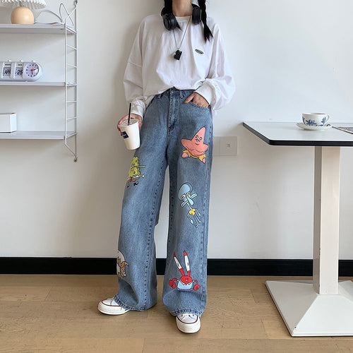 2021 Cute Women Loose Cartoon Girls Pants Fashion Femme Harajuku Baggy Jeans Female Pants Casual Funny Amine Pants Summer Jeans