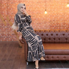 Load image into Gallery viewer, 2021 European fashion print dress elegant plain dress Muslim celebrity party women's dress (belt and headscarf not included).