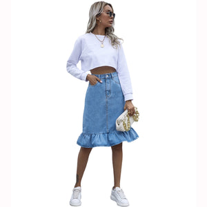 2021 New Autumn Winter Fashion High-waist Ruffled Denim Skirt Casual  Knee Length Jeans Skirt