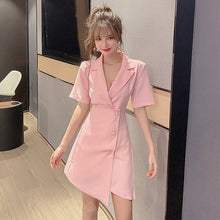 Load image into Gallery viewer, 2021  New Casual Summer Dress Collar Dress Thin Irregular Waist Design Goddess Office Style Short Sleeve Sexy Suit Dress