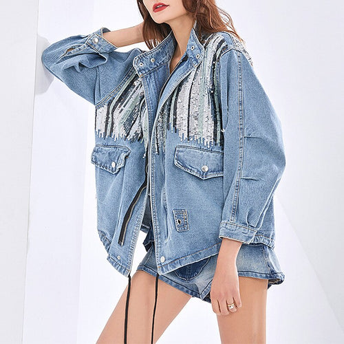 2021 New Fashion Collar Sequin Splicing Pocket Drawstring Cropped Denim Top Coat Jeans Patchwork Oversized Jean Jacket Women