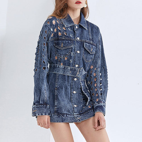 2021 Spring New Personalized Fashion Denim Hollow Hole Denim Coat Jeans Cropped Oversized Jean Jacket Women Gothic Clothes