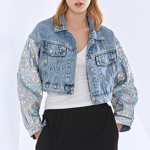 2021 Spring New Sexy Fashion Sequin Jeans Woman Patchwork Jacket Women Splicing Short Coat Cropped Denim Top Gothic Clothes