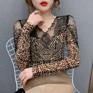 2021 Spring New Women T-shirt Fashion Diamond lace long-sleeved Tops Elegant Slim Hot drilling Tees Plus Size Lady Blusas