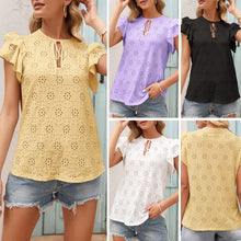 Load image into Gallery viewer, 2021 Summer Blusas Women Shirts Sexy V Neck With Drawstring Petal Sleeve Hollow Out Holes Blouse Shirt Casual Loose Female Tops