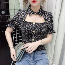 Load image into Gallery viewer, 2021 Summer Sexy Floral Tops for Women Cut Out Print Slim Kawaii Sweet Blouse Wrinkle Short Sleeve Korean Fashion Elegant Shirts