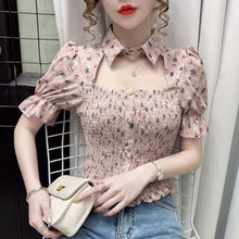 Load image into Gallery viewer, 2021 Summer Sexy Floral Tops for Women Cut Out Print Slim Kawaii Sweet Blouse Wrinkle Short Sleeve Korean Fashion Elegant Shirts