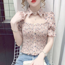 Load image into Gallery viewer, 2021 Summer Sexy Floral Tops for Women Cut Out Print Slim Kawaii Sweet Blouse Wrinkle Short Sleeve Korean Fashion Elegant Shirts