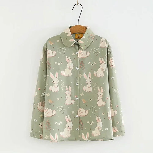 2022 Girl Style Kawaii Rabbit Tops Women Single Breasted Sweet Vintage Green Blouses Japanese Loose Printed Cute Shirts Spring