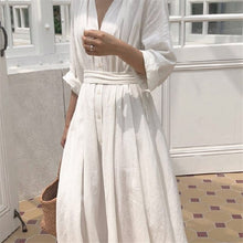 Load image into Gallery viewer, 2022 New Spring Autumn Casual Women White Cotton Dresses Solid Color A-LINE V-Neck Mid-Calf Office Lady Elegant Dress One Piece