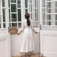 Load image into Gallery viewer, 2022 New Spring Autumn Casual Women White Cotton Dresses Solid Color A-LINE V-Neck Mid-Calf Office Lady Elegant Dress One Piece