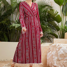 Load image into Gallery viewer, 2022 Spring Autumn New Fashion Women Dresses Printing Bohemian Tassel V-Neck A-LINE Ankle-Length Beach Holiday Style Red Dress