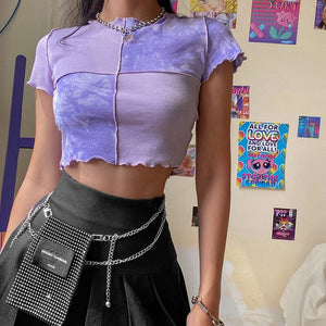 2022 Women Tie Dye Cropped Top Ruffle Frill Short Sleeve Tops Patchwork T-Shirts Round Neck Casual Tees Party Summer Clothes