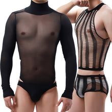 Load image into Gallery viewer, 2Pcs Mens Sexy Costume See-through Mesh Lingerie Set Fishnet T-shirts Top with Low Waist Hollow Out Briefs Underwear Swimwear