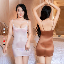 Load image into Gallery viewer, 2pcs/set Spaghetti Strap Bodycon Hot Dress Oil Shiny Dresses Transparent Sheer Vestido Sexy Clubwear Babydoll Package Hip Dress