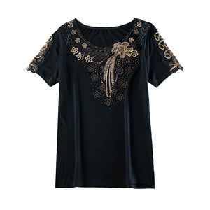 4XL Plus Size Women's shirt Fashion Short Sleeve Summer Tops Elegant Slim Embroidered Diamond T-Shirt Lady Tees Blusas